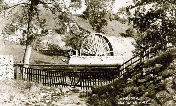 Postcard of the Hebden Horse Level waterwheel from about 1900